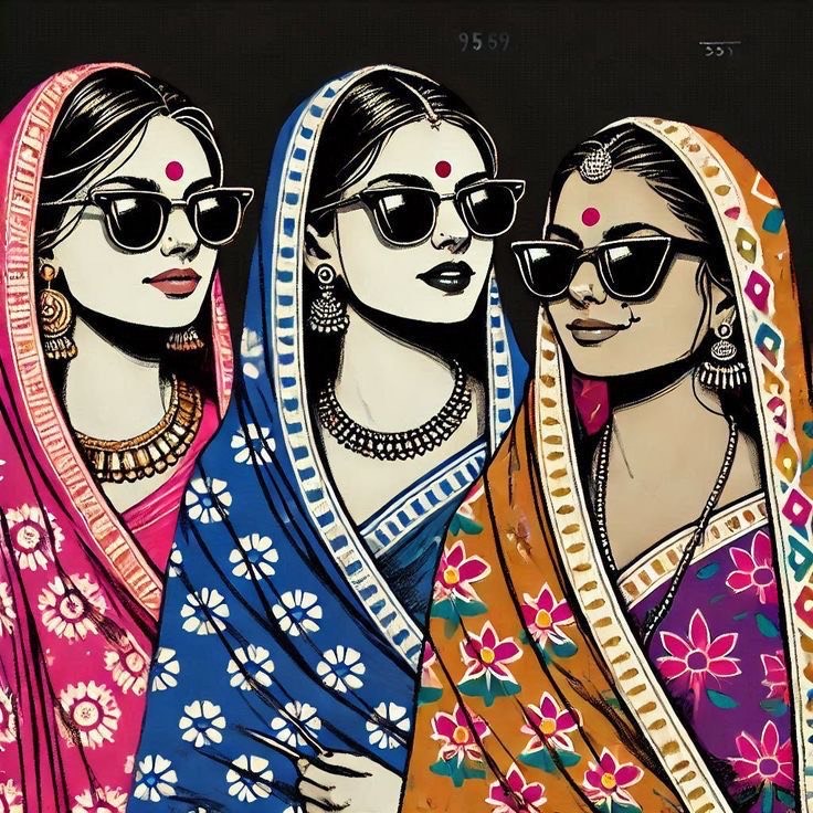 Three women in colorful saris illustration